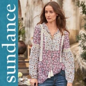 Sundance Catalog Florie Silk Bohemian Hippie Lace Floral Blouse Boho Small